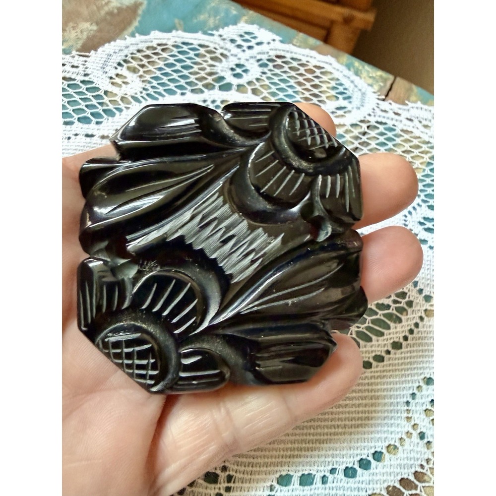 Art Deco Deeply Carved Black Bakelite Cutout Sunflower Brooch